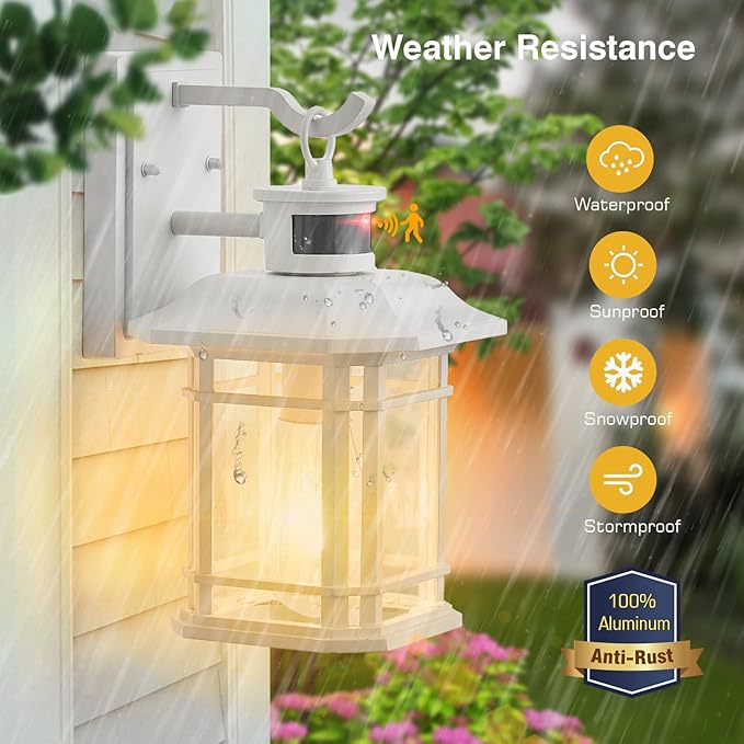 VIANIS Outdoor Motion Lights for House, 2-Pack Dusk to Dawn Outdoor Lanterns for Front Porch Waterproof, Anti-Rust Aluminum Exterior Wall Sconce with Tempered Water Glass for Garage Entrance Entryway