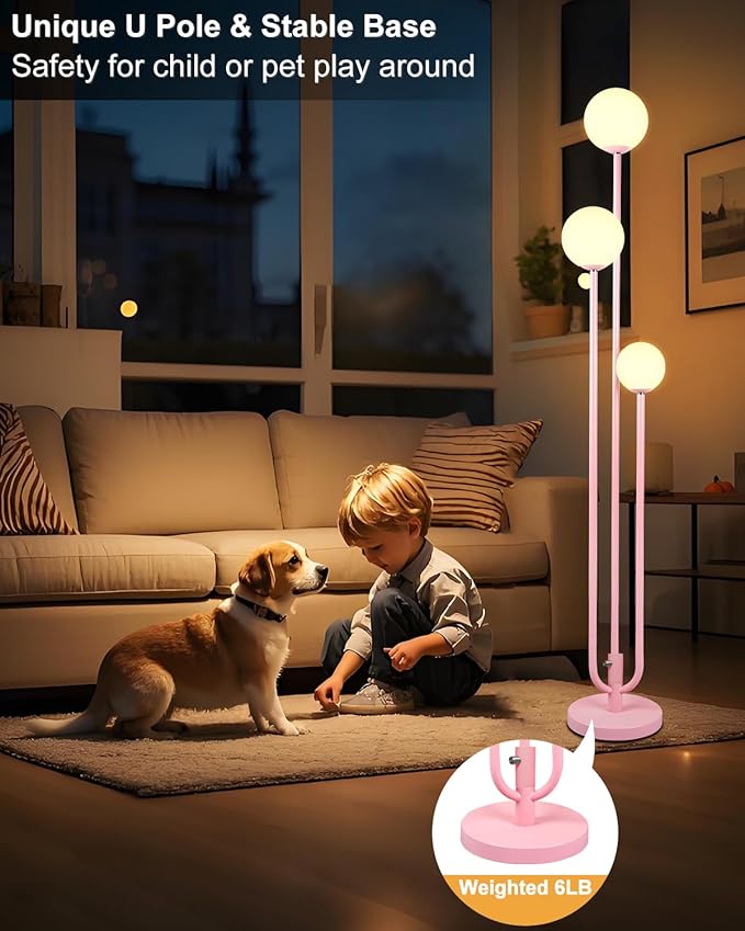 3-Light Pink Floor Lamp Dimmable, Unique Candle Holder Style Tall Standing Lamps with 3000K G9 Bulbs for Reading, Mid Century Modern Floor Lamp for Living Room Bedroom Office