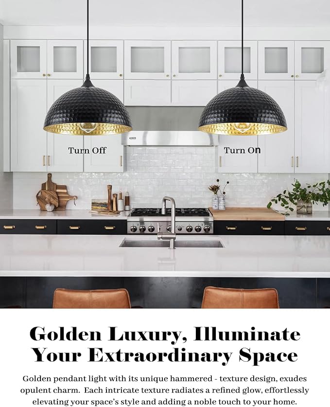 Hammered Dome Pendant Light 1 Pack, Black and Gold Pendant Light,12 Inch Metal Industrial Pendant Lights, Kitchen Island Pendant Lights for Kitchen, Dining Room, Bar
