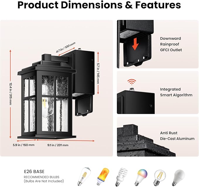 Gleamz Black Porch Lights Outdoor with GFCI Outlet, Modern Dusk to Dawn Outdoor Garage Lighting Fixtures Wall Mount, Anti-Rust Exterior Wall Sconce Lantern for House Coach, Outside Lights with Outlet