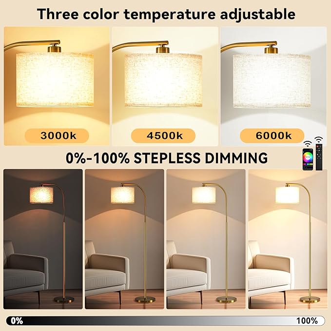 Floor Lamp for Living Room with Remote,Dimmable Tall Standing Lamps,Modern Gold Floor Light with Smart RGB Bulb,App Control,3 Color Temperatures,Fabric Shades,Floor Lamp for Bedroom Office Corner
