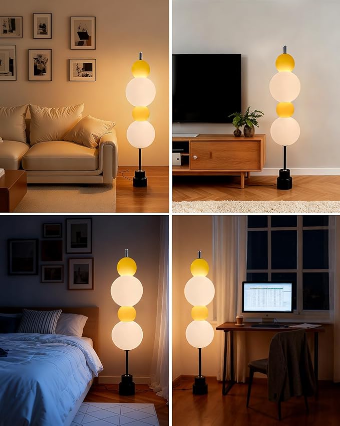 Yellow Globe Floor Lamp - Metal, Gold - 3 CCT (3000K/4000K/5000K) Dimmable LED, Touch Switch, Modern Tall Standing Lamp for Bedroom, Living Room, Home Office