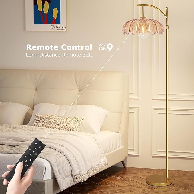 Glass Floor Lamp for Living Room,Bedroom,Gold Dimmable Standing Lamp with Remote,Mid Century Modern Brass Tall Lamp Boho Floor Lamps Arc Stained Flower Floor Light Lamp Bohemian