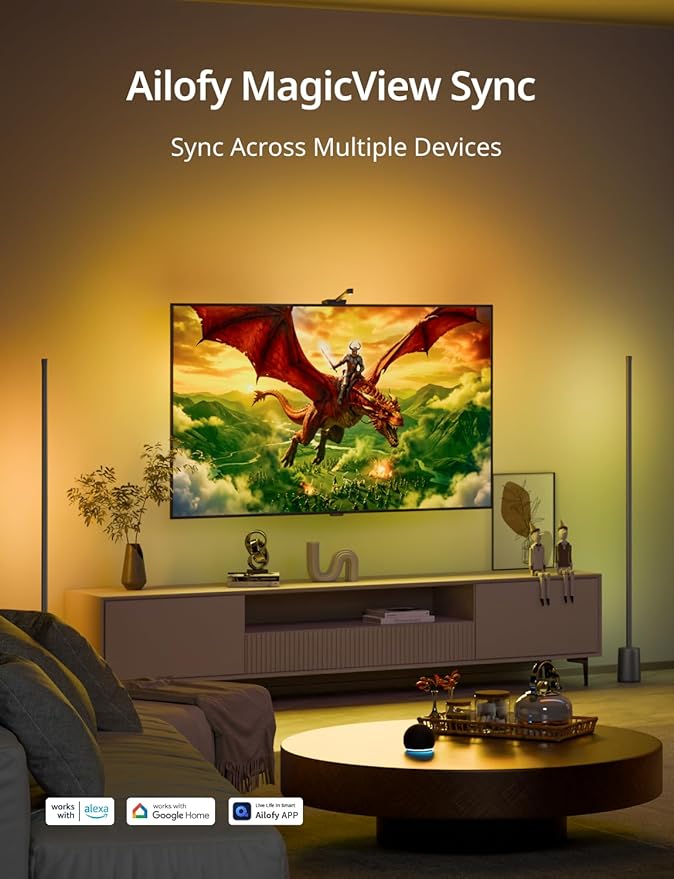 Ailofy TV LED Backlight with HD Wide-Angle Camera for 55-65 Inch TVs, Full-Screen Color Sync Lights for Gaming, Movies & Streaming, App Control, Works with Alexa & Google Assistant