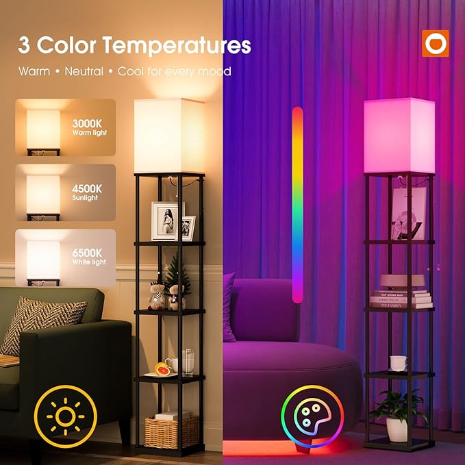 addlon 5-Tier Floor Lamp with Shelves, Modern Shelf Lamp with RGB Smart Bulb, APP Control Standing Lamp with White Lamp Shade, Floor lamp for Living Room, Bedroom (70'' H, Black)