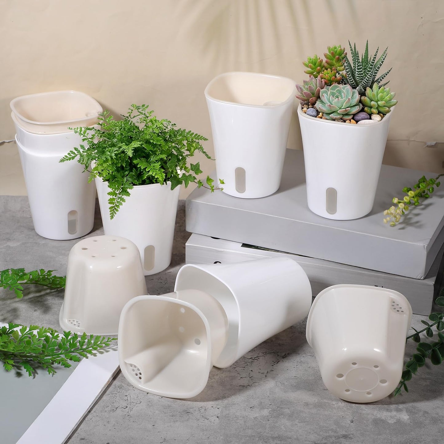 Afgaogw 8 Sets Self Watering Pots for Indoor Plants, 4 Inch White Small Self Watering Planters Plastic Garden Pots with Water Level Indicator & Vents for All House Plants, Flowers, Succulents