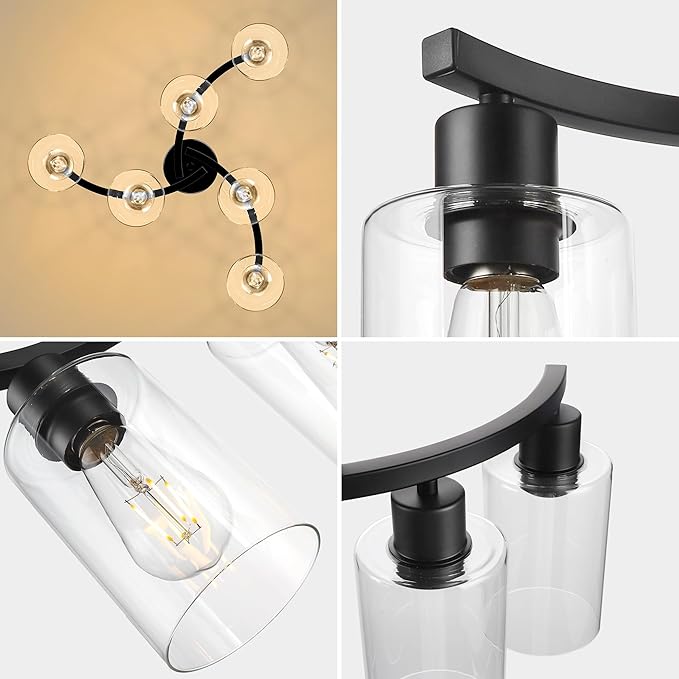 6 Light Modern Chandeliers for Dining Room,21.7" Black Hanging Light Fixture，Kitchen Pendant Lighting Over Island，Industrial Farmhouse Chandelier,Metal with Downward Clear Glass Shade