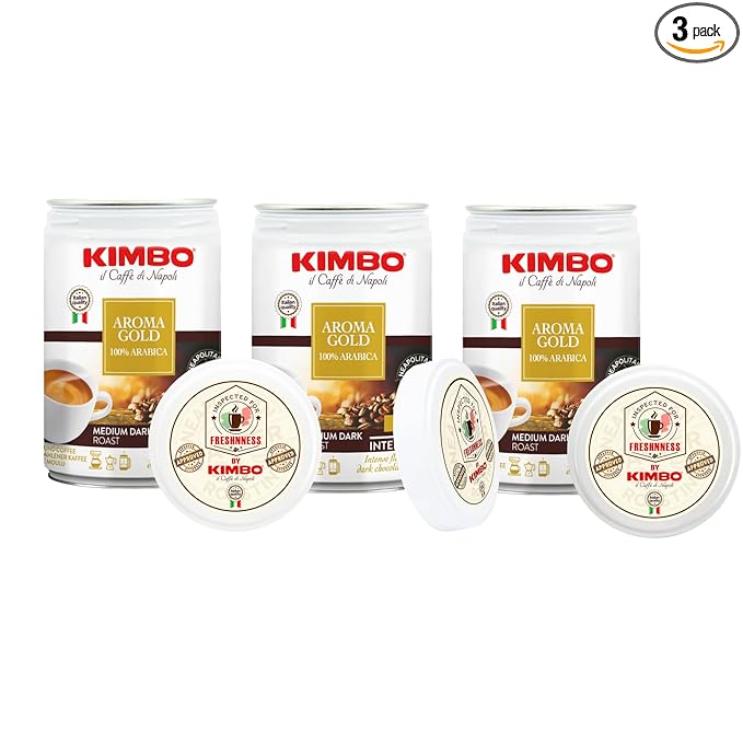 Kimbo Aroma Gold 100% Arabica Ground Coffee | Medium Dark Roast | 9/13 Intensity | Intense Flavor & Dark Chocolate Notes | 8.8 oz Can - Pack of 3