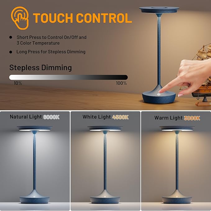 LED Cordless Table Lamps Rechargeable - Outdoor 6000mAh Battery Operated Portable Tables Light 3 Color Stepless Dimming Lamp with Memory Function for Patio Restaurant Dining Blue