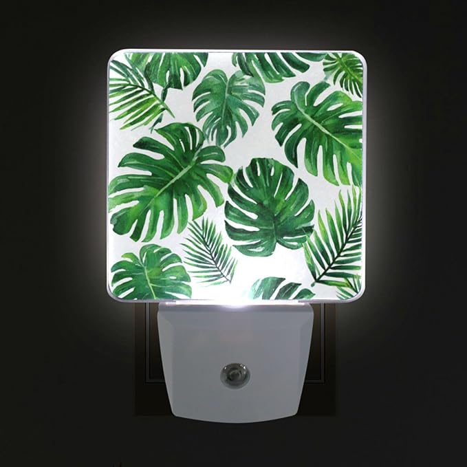 Vdsrup Summer Palm Leaves Night Light Set of 2 Tropical Jungle Plug-in LED Nightlights Auto Dusk-to-Dawn Sensor Lamp for Bedroom Bathroom Kitchen Hallway Stairs