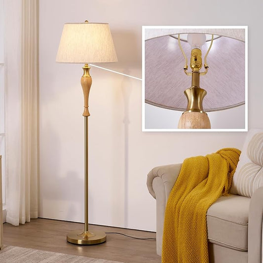 Natural Wood Floor Lamp with Linen Shade, Dimmable Standing Lamp for Living Room Bedroom Office, Mid Century Modern Tall Lamp with Stepless Dimmer Switch and Bulb