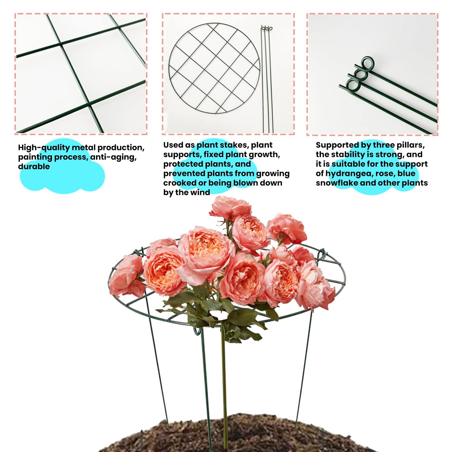 2 Pcs Flower Support Rings, Peony Cage Plant Support Stake,Grow Through Grid Plant Brace, Hoops with 3 Pcs Legs for Heavy Blossoms (2 pcs 24")