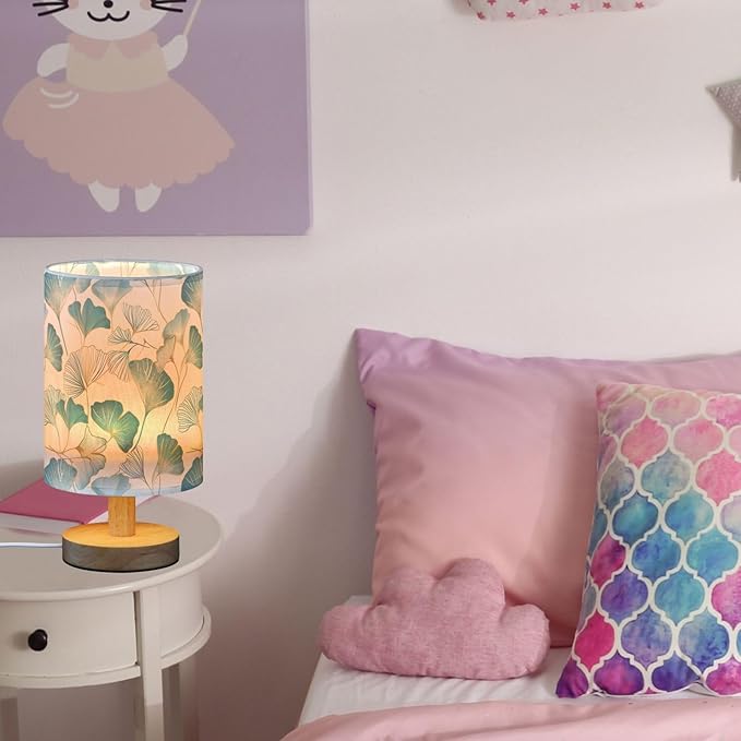 Fustylead Gold Teal Ginkgo Leaves Table Lamp for Bedroom USB Port Lamps Small Accent Table Lamp Nightstand Lamp Study Linen Shade with Wooden Base, Decorative Lamps for Bedside Reading|Kids|Dorm|Home