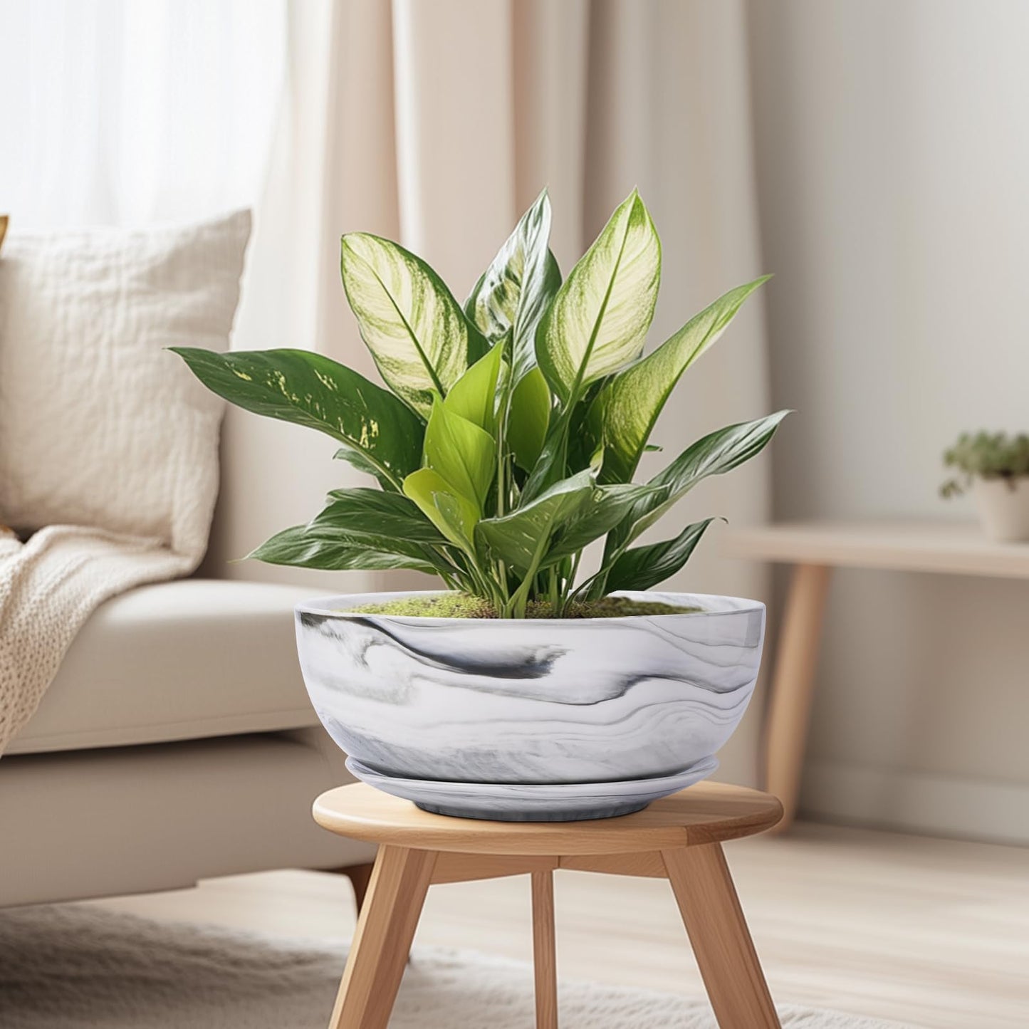 G EPGardening Bonsai Pots, 8 Inch Marble Pattern Ceramic Succulent Pot with Drainage Hole and Plant Saucer, Large Round Planter for Indoor Outdoor Plants, Modern Flower Pot, Plants Lovers Gifts, Grey
