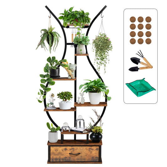 LOENIY 7-Tier Indoor Plant Stand with Hanging Hooks & Drawer, 68.1" Tall Vase-Shaped Corner Plant Stand includes Tool Hangers, Aesthetic Tall Plants Shelf for Multiple Plants Flower Pot, Outdoor Plant Holder in Patio Balcony