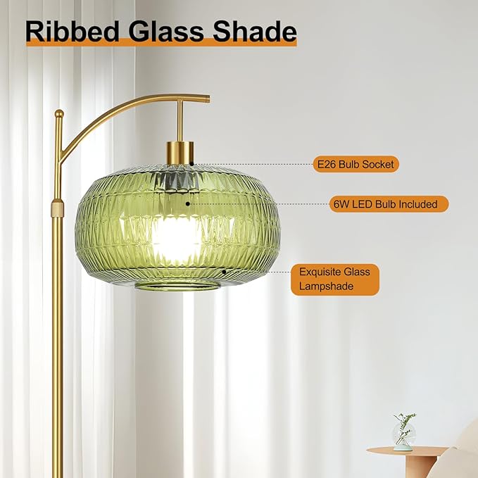 Green Floor Lamp for Living Room,Bedroom,Gold Dimmable Standing Lamp with Remote,Mid Century Modern Brass Tall Lamp Boho Floor Lamps Arc Stained Glass Floor Light Lamp Girls Bohemian