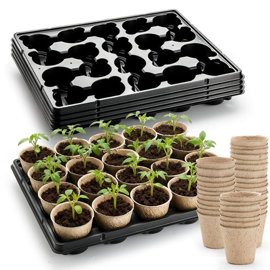 RooTrimmer 3.15 Inch Peat Pots 100 Pcs with 20 Cell Seedling Trays 5 Pcs, Biodegradable Seed Starter Pots with Drainage, Reusable Nursery Tray for Seed Starting Indoor Gardening Propagation Kit 5 Sets