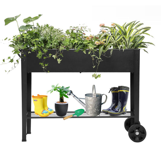 VEOAY Piksedo Raised Garden Bed, Elevated Planter Metal Plant Box with Wheels with Legs Standing Garden Stand Drainage Holes Frosted Black