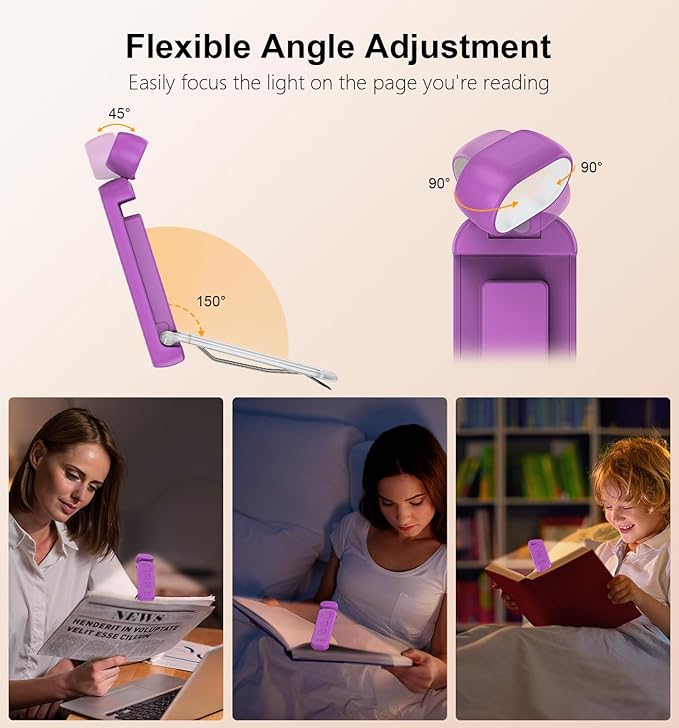 Gritin Reading Light, Rechargeable Book Light for Reading in Bed - Eye Caring 3 Color Temperatures, 5-Level Dimmable Brightness, Long Lasting, Compact Size Clip on Book Lamp for Bookworms-Dark Purple