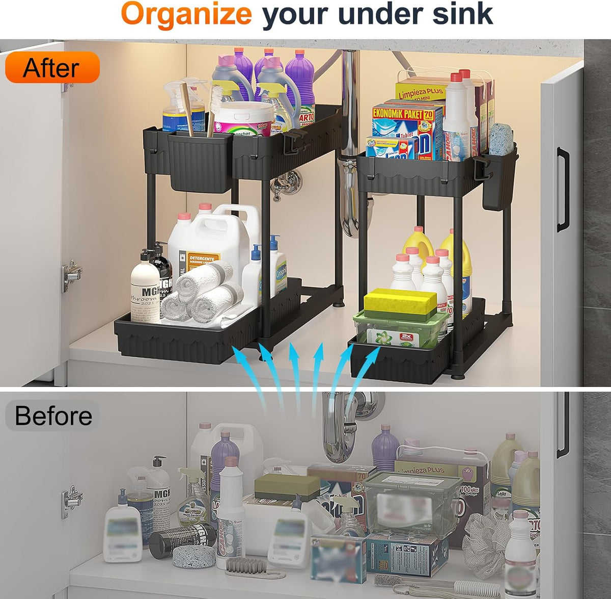 Sevenblue Under Sink Organizer - 2 Tier Multi-Use Pull Out Cabinet Storage | Black, 4 Pack