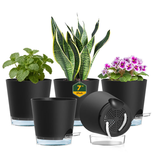 Meowell 7 inch Self Watering Pots for Indoor Plants, 5 Pack Plant Pots with Drainage Holes & Clear Reservoir for Visible Water Level, Plastic Wicking Planter Pots for House Plants and Flower, Black