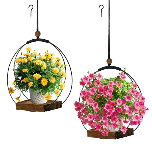 hismocal 2 Pack Hanging Planter for Indoor Plants, Black Plant Hanger with Sturdy Wood Base, Modern Boho Macrame Hanger, Wall Ceiling Window Planter (Plants/Pots Not Included)