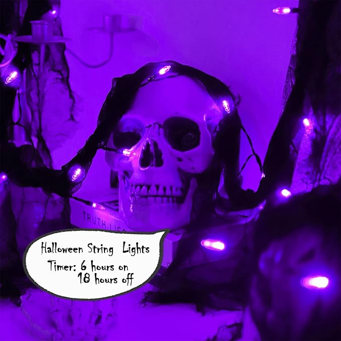 Halloween Decorations Purple String Fairy Lights Indoor, 30LED Black Gauze Halloween Garland, Timer 8 Mode Battery Operated Powered, 9.9Ft Creepy Cloth, Gothic Party Room Mental Fireplace Decor 1PACK