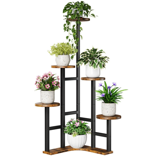 Yzosvki Corner Plant Stand Indoor, 6 Tiered Corner Plant Shelf Flower Stand for Multiple Plants, Plant Shelves Organizer Rack for Living Room, Balcony, Patio, Garden, Round Rustic Brown