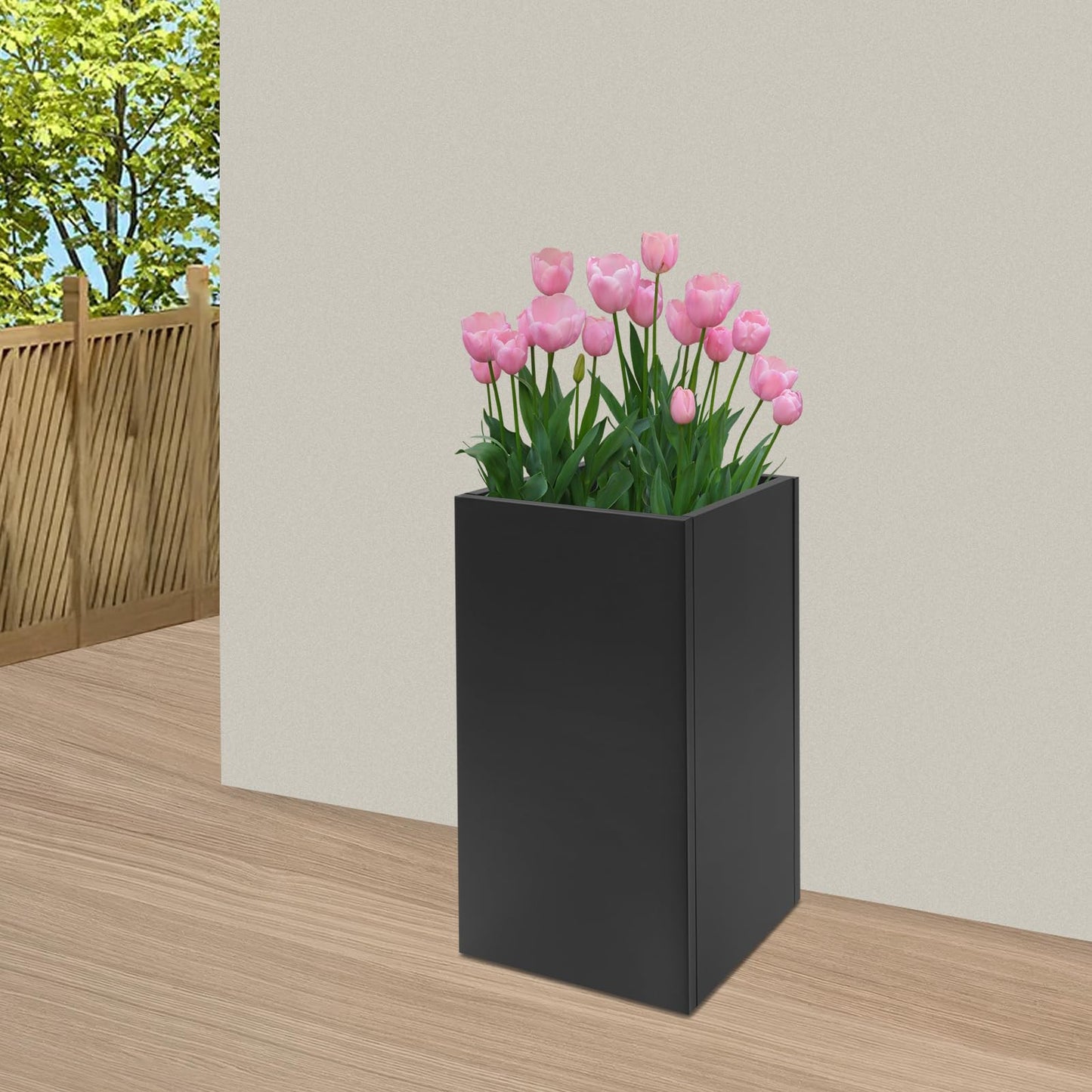 Titunjian Metal Planter Box Rectangular Planter Outdoor Planter Box with Drainage Hole Flower Box Span Divider Large Plant Pot for Balcony Patio Yard Garden (Black, 16 x 16 x 30 Inch)