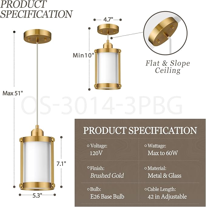 Brushed Gold Pendant Lights Kitchen Island 3 Pack, Modern Kitchen Pendant Lighting Over Island with Milk Glass, Farmhouse Brass Mini Hanging Light for Kitchen Sink Dining Room, OS-3014-3PBG