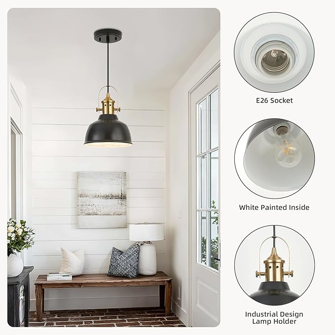 Farmhouse Small Pendant Lights, Black Pendant Lighting for Kitchen Island, lndustrial Adjustable Height Hanging Light for Barn, Dining Room, 1 Pack