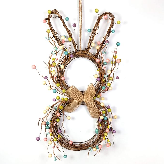 idyllic Easter Bunny Spring Wreath Blossom Rabbit Garland with Pastel Berries Artificial Floral Wreaths for Front Door Decor