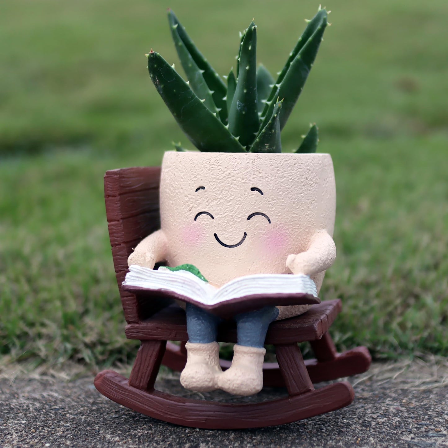 Dolkgy Cute Plant Pots Head Planters, Funny Rocking Chair Reading Book Planter Cactus Face Pot with Drainage Hole for Indoor Outdoor Plants, Unique Plant Lover Gifts