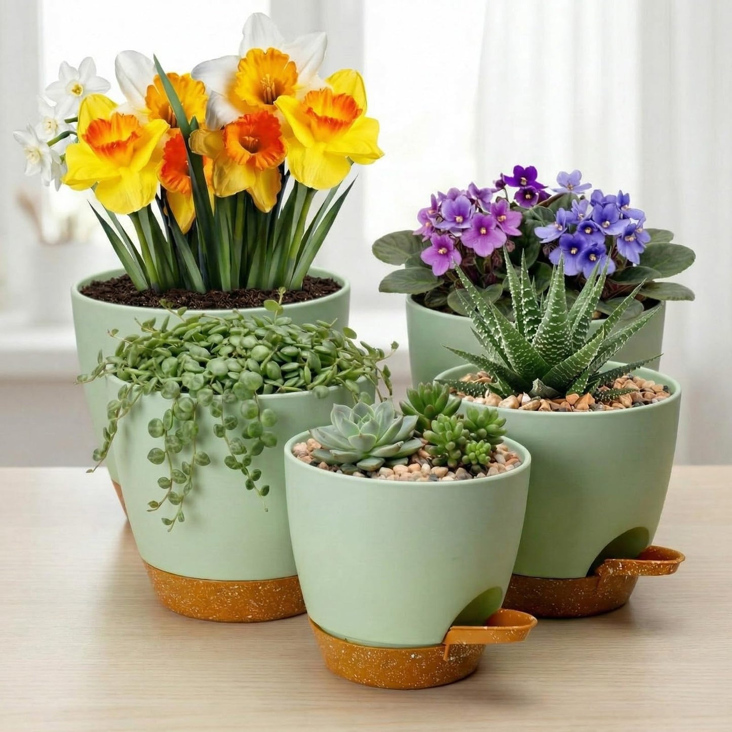 Remerry 15 Pcs 7/6.5/6/ 5.5/5 Inch Self Watering Planters with Drainage Hole Plant Pots Plastic Flower Pots Self Watering Pot and Saucer Reservoir for Garden Plant Flower(Green)