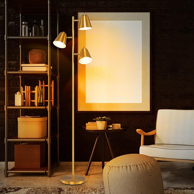 Tangkula 3-Light Floor Lamp, 64" Mid Century Modern 3 Light Tree, Standing Tall Pole Lamp with 3 A19 LED Bulbs and Adjustable Heads, 3 E26 Base, Reading Light for Living Room & Bedroom (Golden)