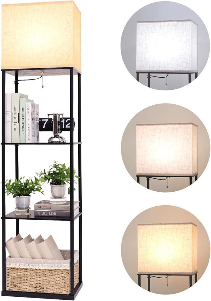 Floor Lamp with Shelves, Large Size Rectangle Standing Lamp with 3 Color Temperature Bulb, Corner Display Bookshelf Lamp for Living Room, Bedroom and Office (Black-9)
