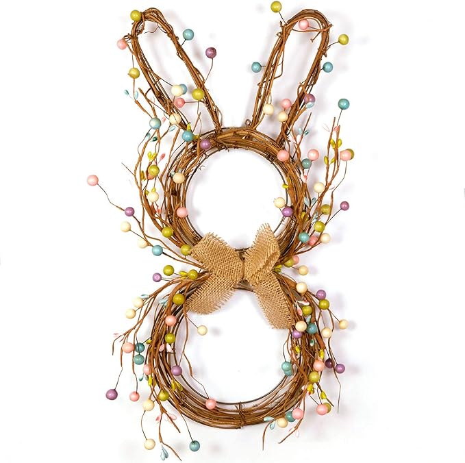 idyllic Easter Bunny Spring Wreath Blossom Rabbit Garland with Pastel Berries Artificial Floral Wreaths for Front Door Decor