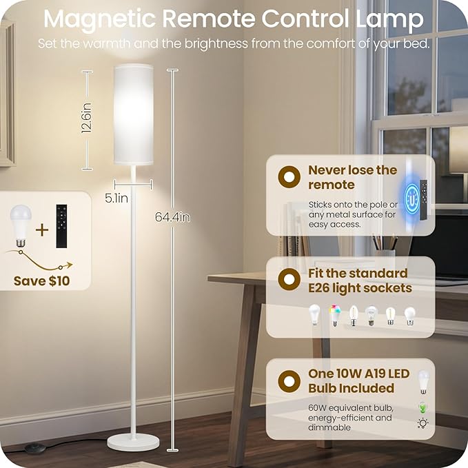 White Dimmable Floor Lamps for Living Room with Remote and Foot Switch, 64.4” Modern Standing Tall Lamp, Corner Lamp for Bedroom, Office, Bulb Included, 3000K-6500K, FCC Listed WCW06LD05W1