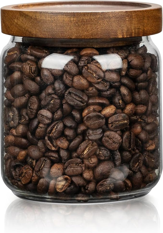 1 PC Small Glass Storage Jars with Airtight Lids, 17 fl oz (500ml) coffee container with Wooden Lid, Glass Pantry Canister for Beans, Rice, Sugar and etc