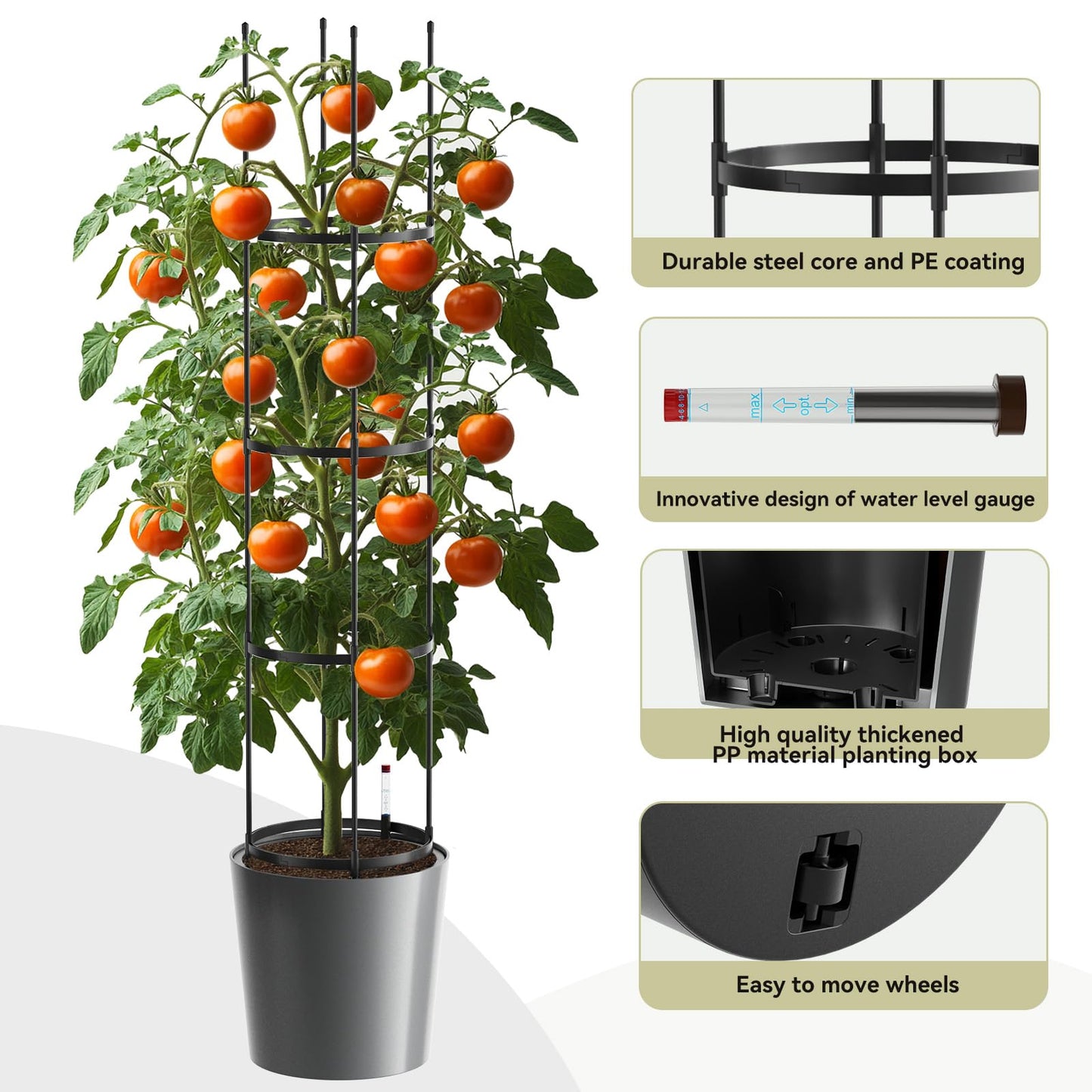 SUNYRISY Raised Garden Bed Planter Box with Trellis, Self Watering Tomato Planter Box with Wheels for Climbing Plants Vegetable Vine Flowers Outdoor Patio, Grey