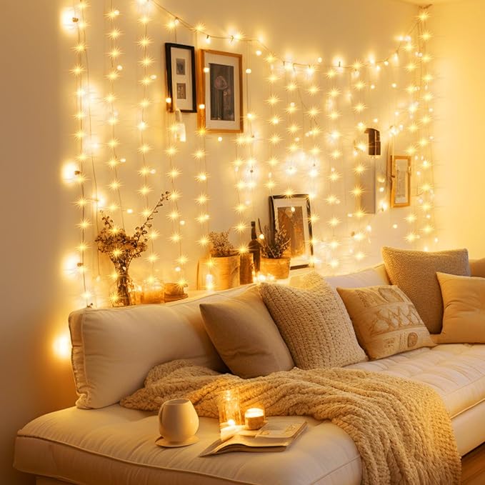 Minetom Curtain Lights, 300 LED Dimmable Fairy Lights Twinkle Lights with Remote and Timer, 8 Modes, USB Powered String Lights for Room Wall Party Xmas Indoor Decor, Warm White