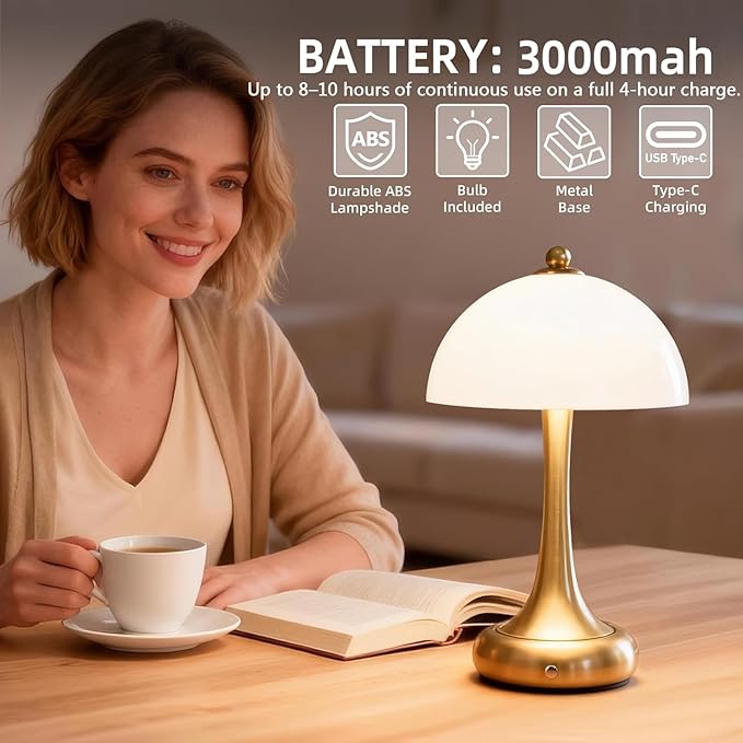 Rechargeable Cordless Table Lamp, Mushroom Touch Lamp with 3-Way Dimmable Control, 3000mAh Battery Powered LED Desk Lamp, Small Bedside Lamp for Bedroom, USB Charging, Home & Office Decor, Silver