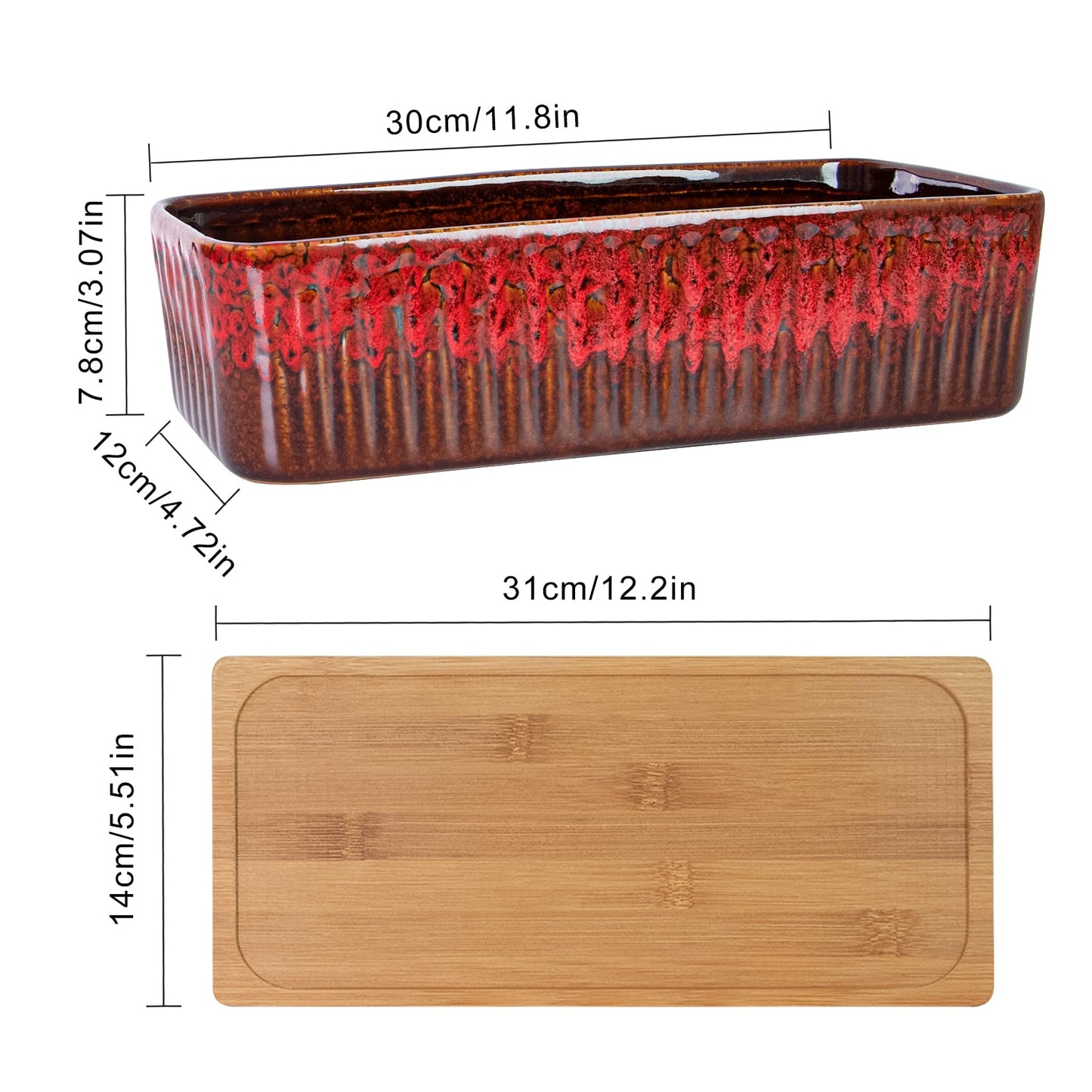 Succulent Pots - 12 Inch Large Succulent Planters with Drainage Tray, Window Sill Planter, Long Rectangle Ceramic Pots for Indoor Cactus Plants Shallow Bonsai Window Box for Home Garden Decor