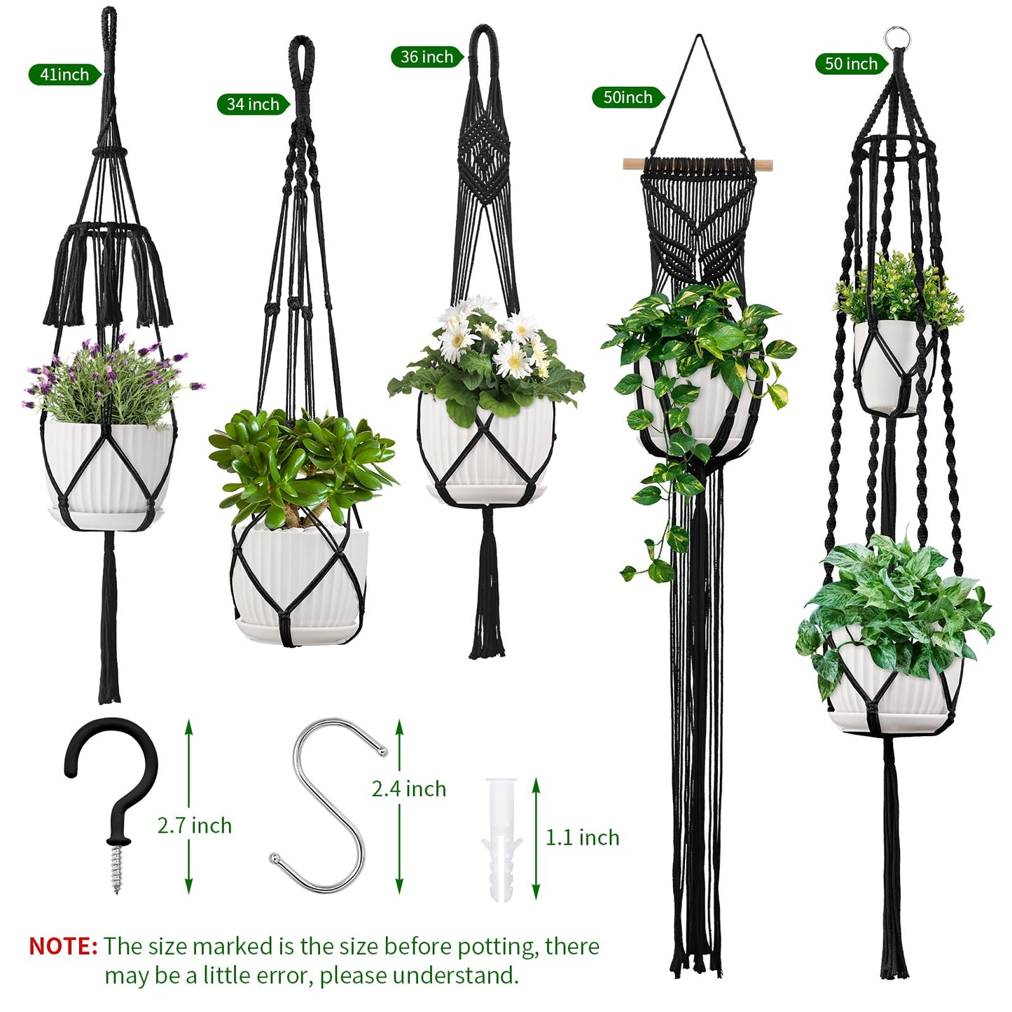 Macrame Plant Hangers 5Pack, Handmade Cotton Rope Hanging Planters for Indoor Plants w/ 5 Set Hooks Hanging Plant Holders Plant Hanger Indoor for Boho Home Decor (Black, Planter Pot Not Included)