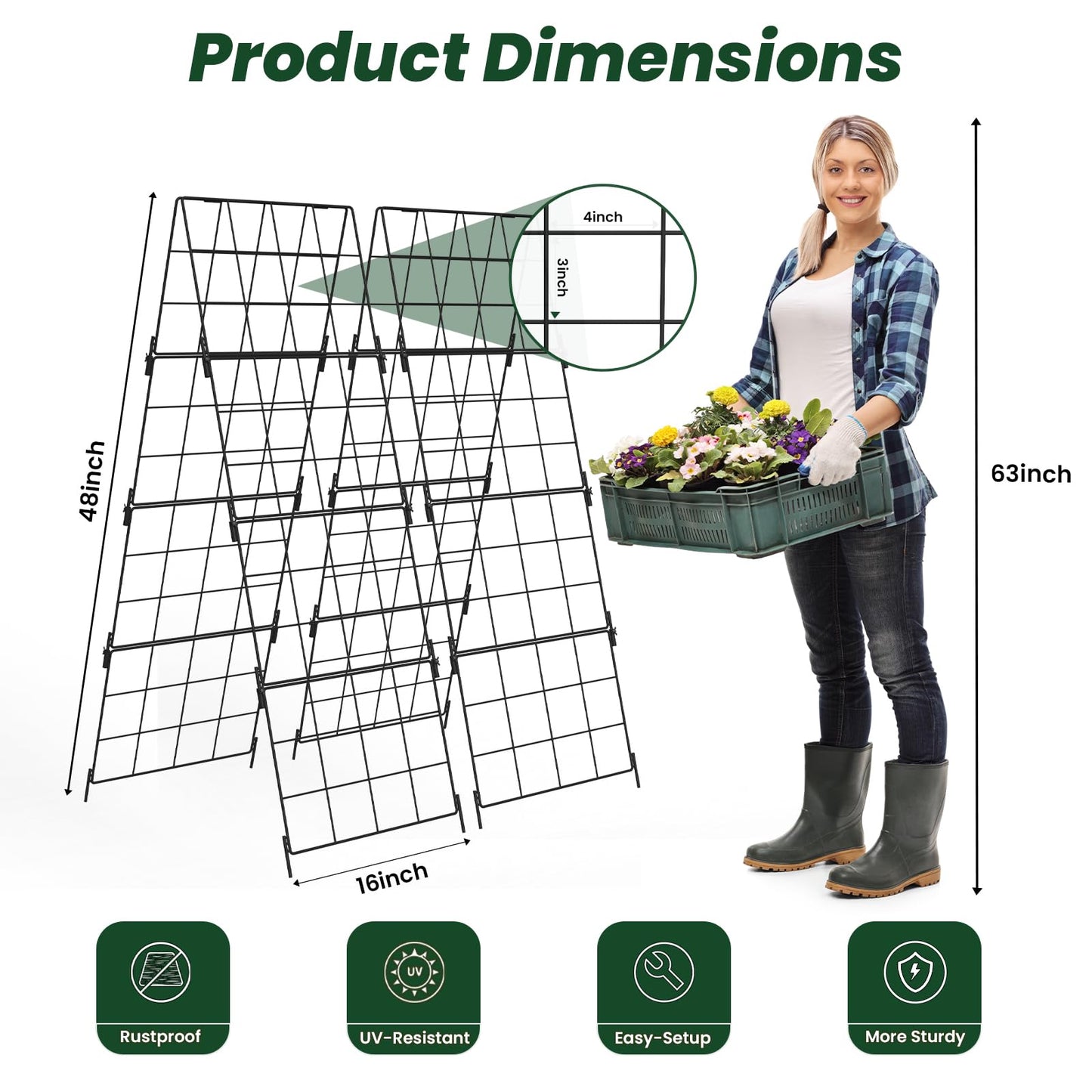 Adjustable A-Frame Trellis for Climbing Plants Outdoor, 48"x32" Cucumber Trellis for Raised Bed, Metal Garden Trellis with Grid Design, Tomato, Grape, Bean, Pea, Squash, Vegetable Trellis (Black)
