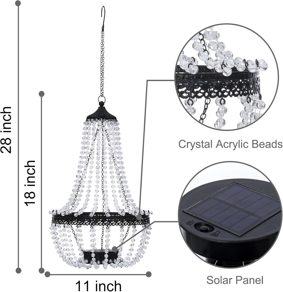 Skiennix Hanging Solar Lantern - 28” Modern Clear Crystal Acrylic Chandelier with 30 Warm White Lights for Garden & Patio Decor
