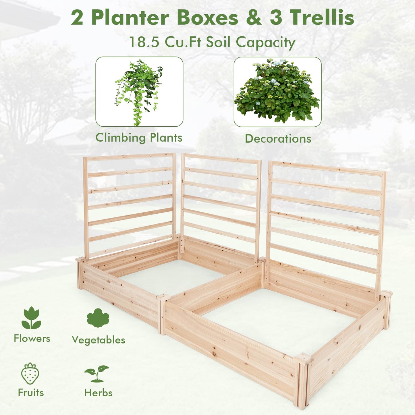 HAPPYGRILL Raised Garden Bed with 3 Trellises, Outdoor Wood Raised Bed w/ 2 Planter Boxes for Flowers, Vegetables, Fruits Climbing Vines, Elevated Garden Box for Yard Patio, 88" L x 45" W x 43" H