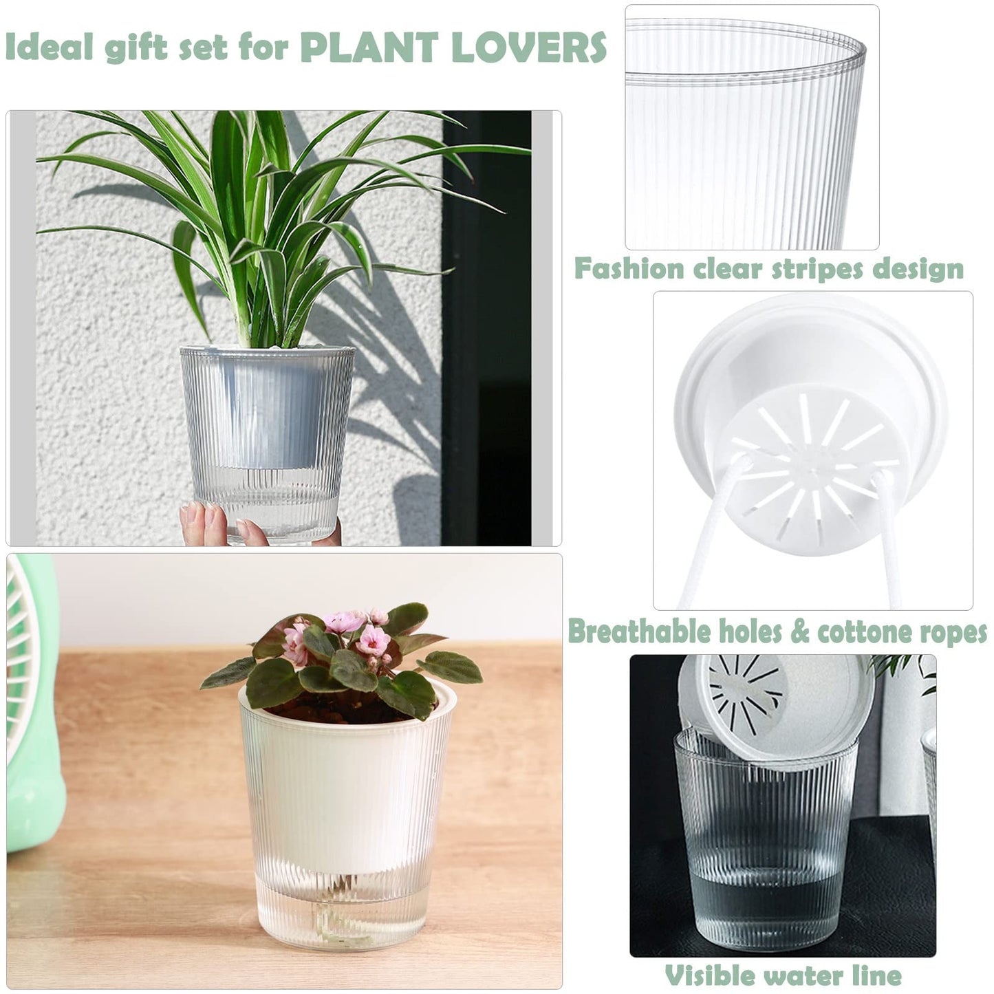 6-Pack 4.5 Inch Clear Self-Watering Planters and Pots for Indoor Plants Medium Orchid Plant Pots Plastic Wick Flower Pots, African Violet Pot Set, Home Decor Pot