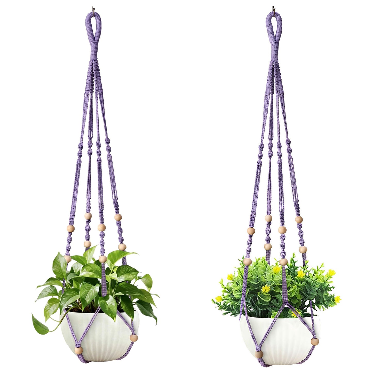 wocoxo 35 Inch Macrame Plant Hanger, Hanging Planter Basket with Wood Beads, Decorative Flower Pot Holder for Indoor Outdoor Boho Home Decor, Set of 2 (Purple)