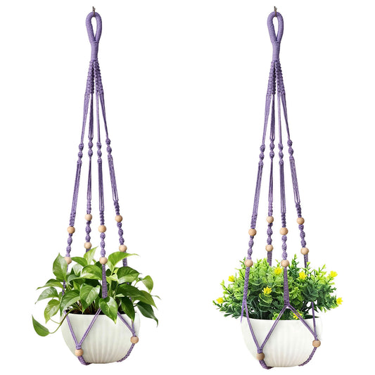 wocoxo 35 Inch Macrame Plant Hanger, Hanging Planter Basket with Wood Beads, Decorative Flower Pot Holder for Indoor Outdoor Boho Home Decor, Set of 2 (Purple)